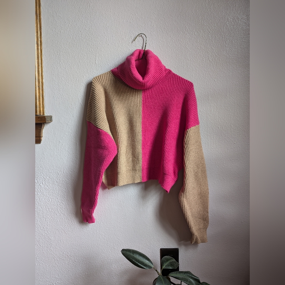 Deluc Colorblock Turtleneck Cropped Sweater -Fuscia/Tan - Size Medium